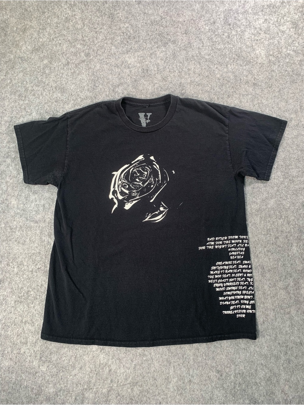 VLONE X Pop Smoke Black T-Shirt with White Rose Graphic